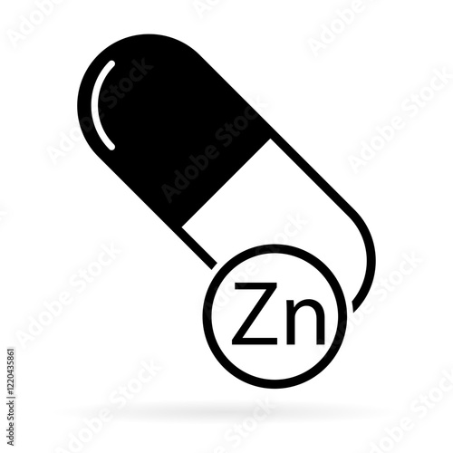 Mineral Zn icon shadow, healthy medicine pill supplement symbol, complex vitamin vector illustration .