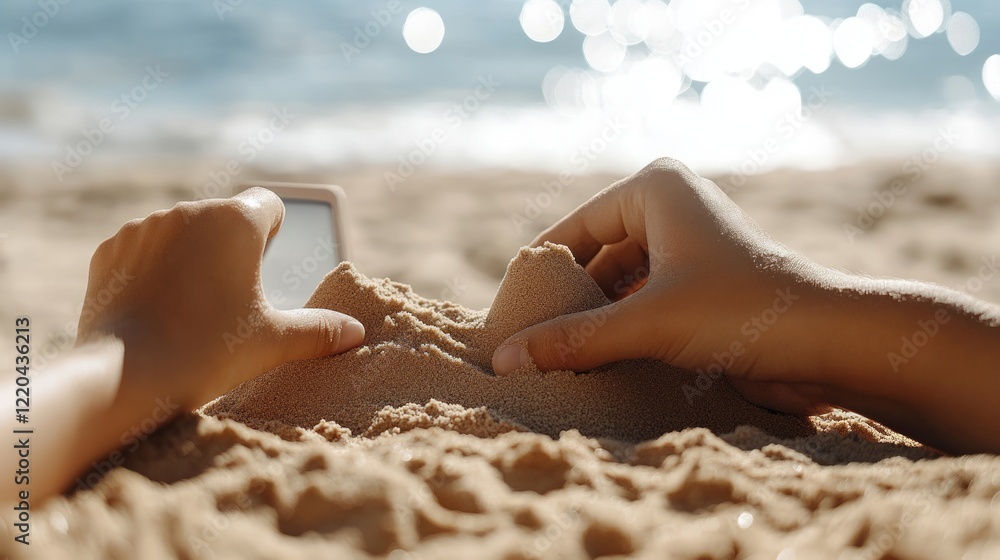 Children building sandcastle near sparkling ocean, carefully molding wet sand with small hands on bright sunny beach, embodying playful summer leisure