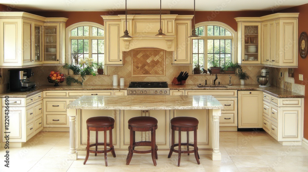 Fototapeta premium Elegant cream kitchen with granite island, arched windows, and pendant lighting.
