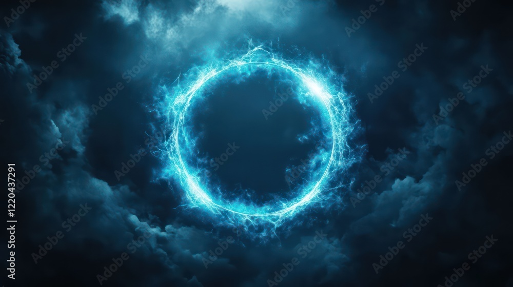 Abstract blue electric light ring with a cloud background. Abstract blue electric light ring with a cloud background.