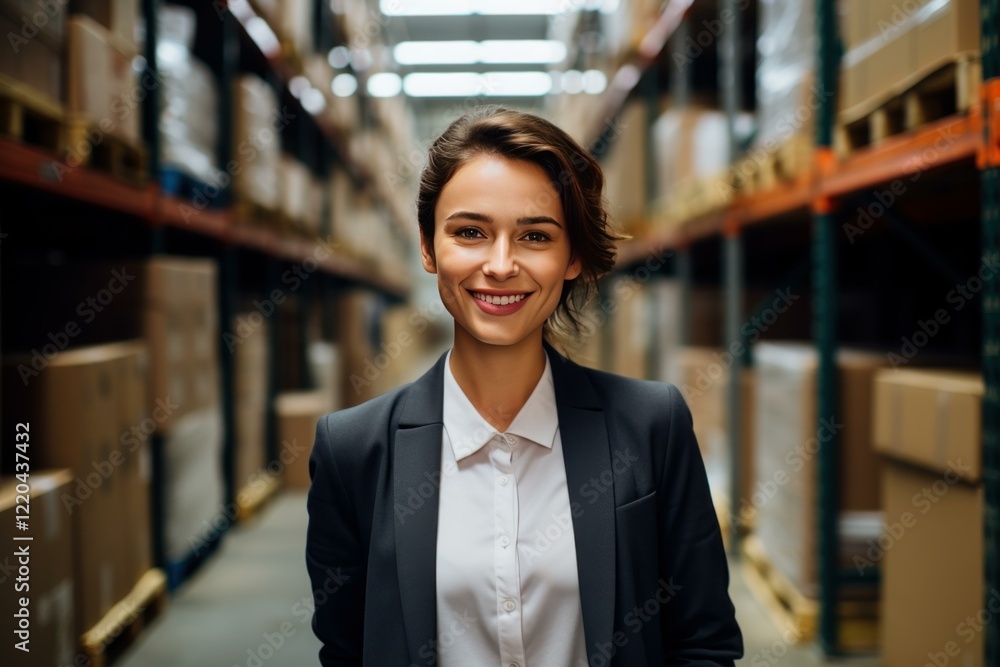 Fototapeta premium Portrait of a smiling female manager standing in a warehouse aisle