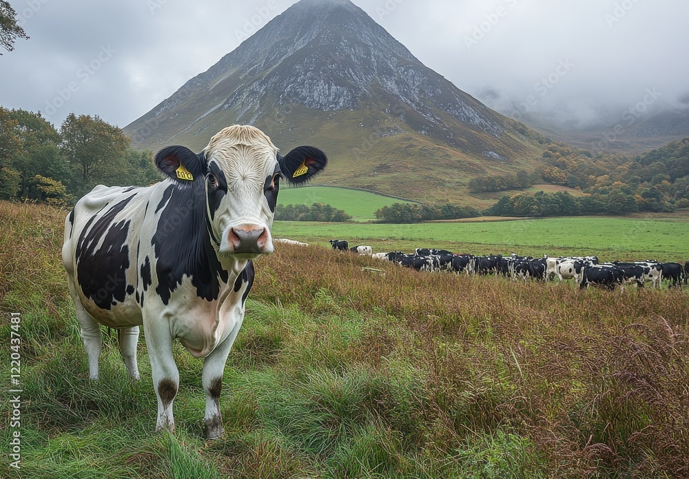 Majestic Black and White Cow in a Serene Pastoral Landscape with Mountains and Rolling Hills Under a Cloudy Sky in Autumn Season Majestic Black and White Cow in a Serene Pastoral Landscape with Mountains and Rolling Hills Under a Cloudy Sky in Autumn Season