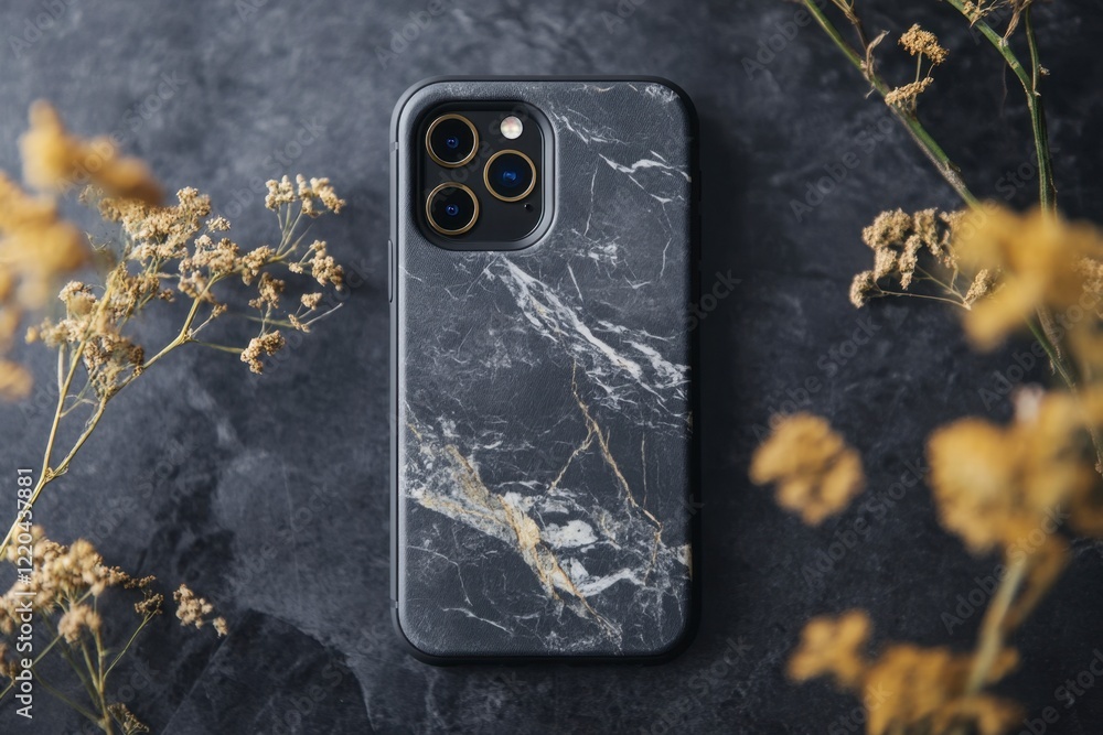 Obraz premium Elegant Marble Phone Case on Dark Surface with Dried Flowers