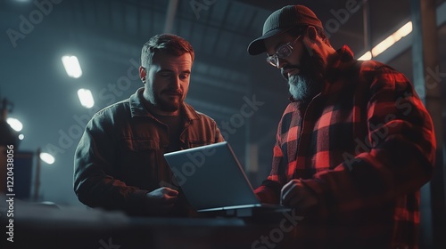 Two Men Using Laptop in Factory

 photo