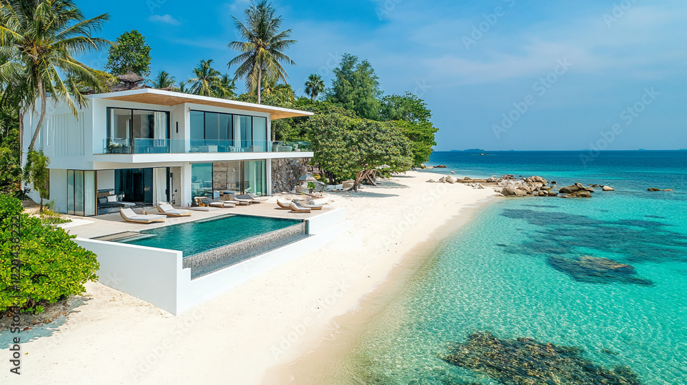 Fototapeta premium This is a luxurious two-story home with a pool overlooking a white sand beach.