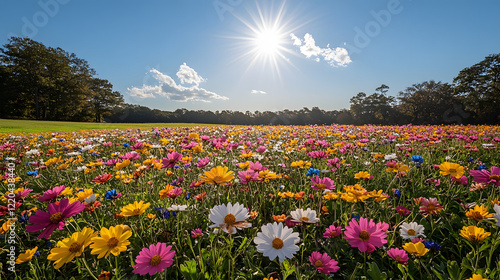 A field of flowers with a blue and yellow flower in the foreground. The field is full of flowers of different colors and sizes