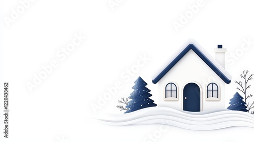 Cozy Winter House Surrounded by Snowy Landscape and Evergreen Trees in Soft Pastel Colors photo