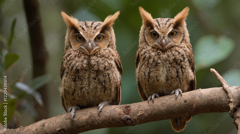 Fototapeta premium great horned owls on a branch—now that’s an even more captivating sight! Imagine them side by side, their distinctive tufts standing tall, their large yellow eyes scanning the surroundings.