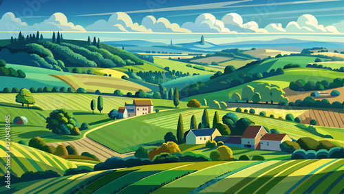 Endless lush pastures and farmlands of England. Beautiful English countryside with emerald green fields and meadows.