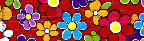 Colorful flower mural on red brick wall, cheerful background for design