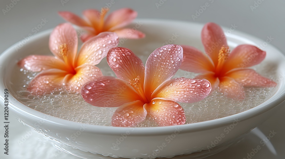 Pink Flowers Floating in a White Bowl of Water Pink Flowers Floating in a White Bowl of Water