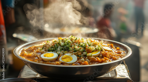 Steaming bowl of spicy chotpoti topped with chopped boiled eggs, cucumber, and tamarind sauce at a roadside stall, urban street food, Bangladeshi cuisine