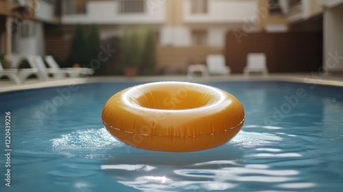 Bright orange pool float drifting across calm water surface, representing sunny leisure and resort relaxation during summer vacation
