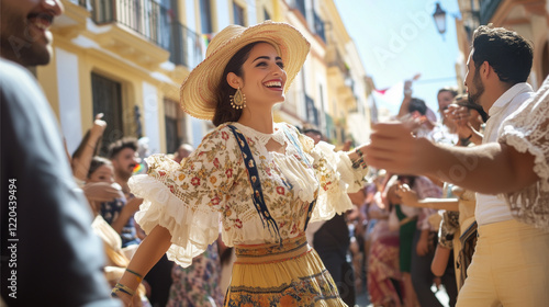 Málaga Feria Festival, the streets are filled with people wearing traditional clothes and dancing happily. AI generated images.	
