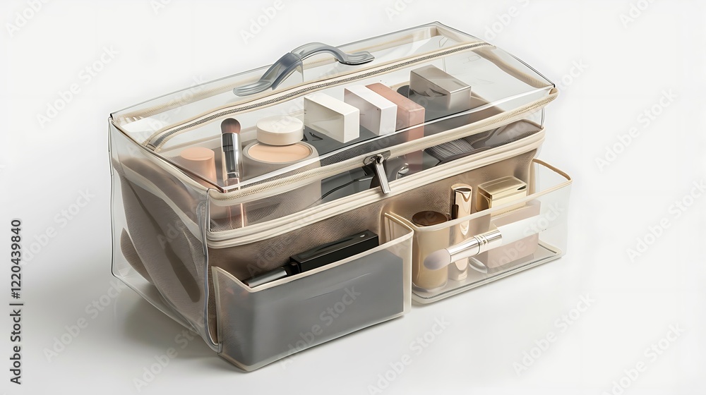 A travel makeup bag with clear panels and compartments for easy organization, displayed on white. A travel makeup bag with clear panels and compartments for easy organization, displayed on white.