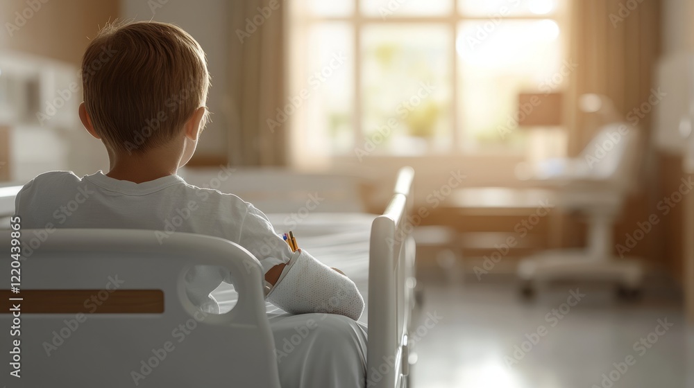 Young patient wearing arm cast sitting quietly on hospital bed, looking pensively out window, reflecting medical recovery and inner strength