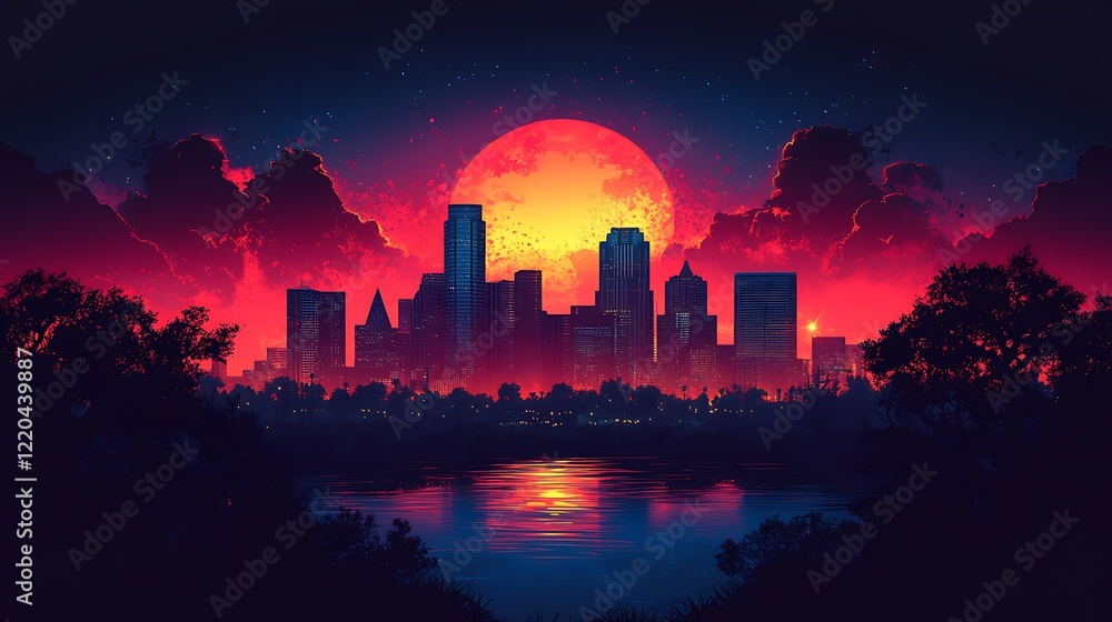 Fototapeta premium Cityscape at Sunset with a Large Red Moon