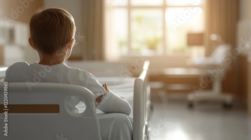 Obraz na płótnie Young patient wearing arm cast sitting quietly on hospital bed, looking pensively out window, reflecting medical recovery and inner strength w salonie