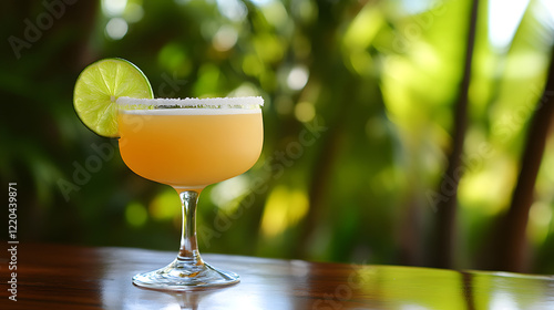 A refreshing Daiquiri cocktail made with fresh lime juice, rum, and a sugar rim, served with a lime wedge garnish, placed on a tropical bar with palm trees in the background. photo