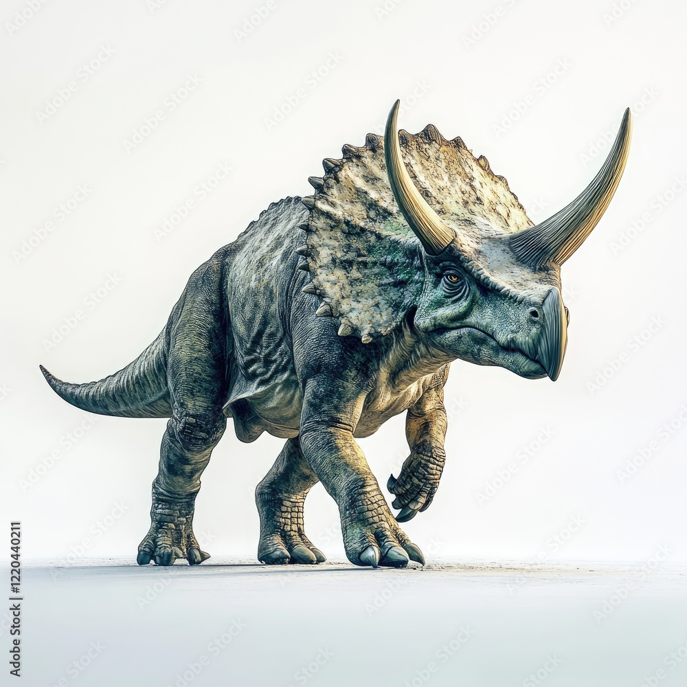 Fototapeta premium Triceratops dinosaur, prehistoric creature, white background, paleontology illustration, educational resource