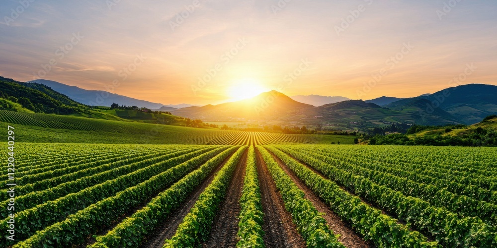 clean energy solar solutions concept. Vibrant vineyard landscape at sunset with rolling hills and lush green rows of grapevines. clean energy solar solutions concept. Vibrant vineyard landscape at sunset with rolling hills and lush green rows of grapevines.