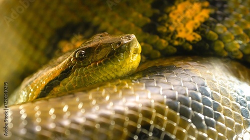 Fotografia Green anaconda snake resting on its coils in the jungle