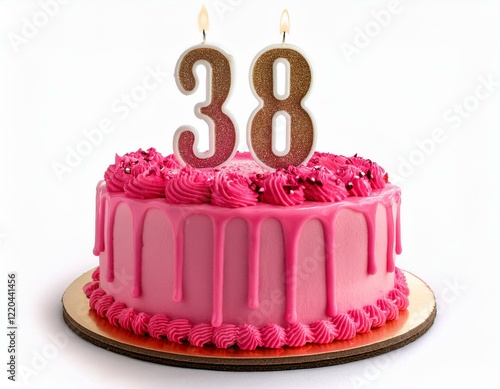 Wallpaper Mural Decorated pink cake for birthday or anniversary party, candle number 38, white background Torontodigital.ca