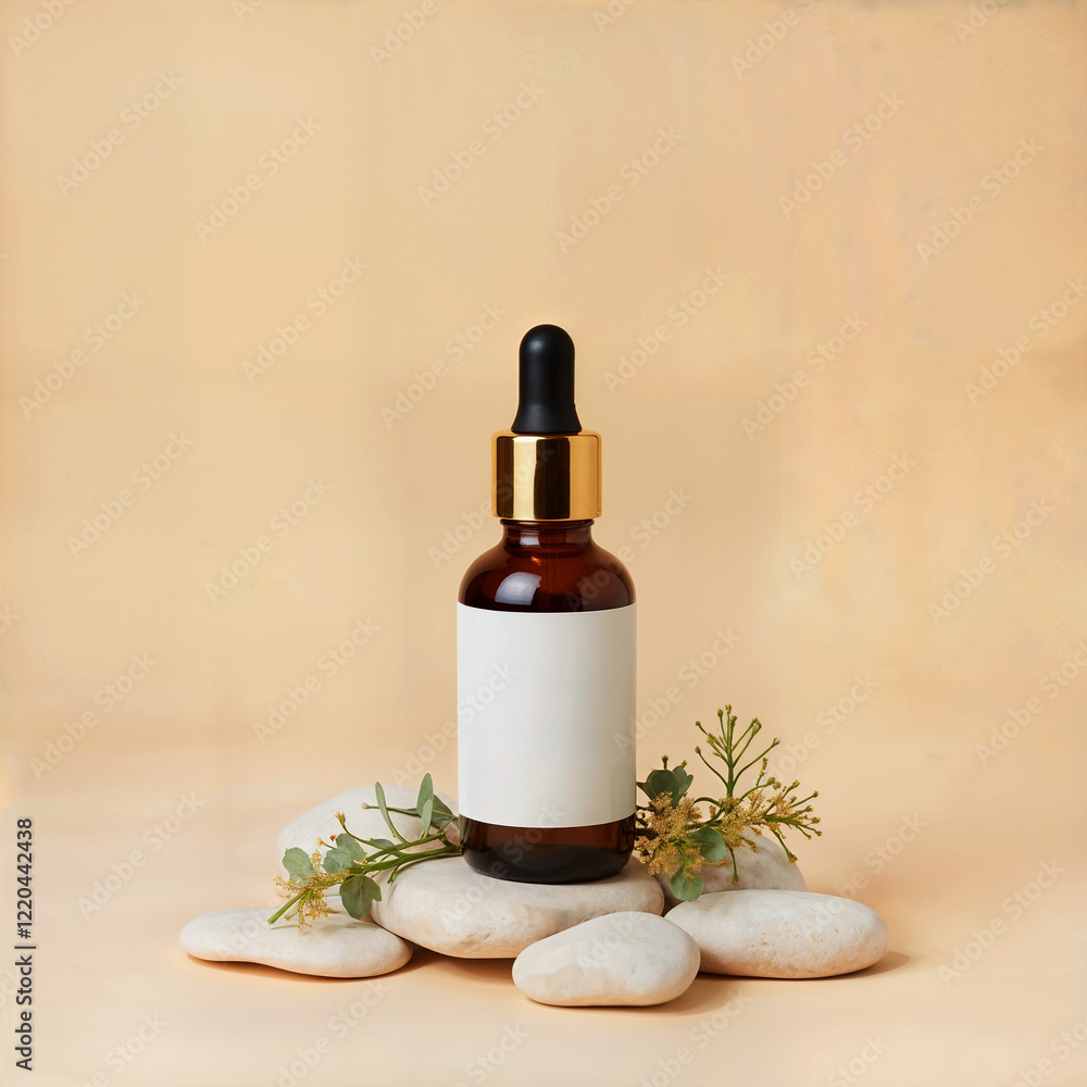 A brown glass bottle with a white label and a gold dropper cap, standing against a neutral beige background. artificial intelligence A brown glass bottle with a white label and a gold dropper cap, standing against a neutral beige background. artificial intelligence