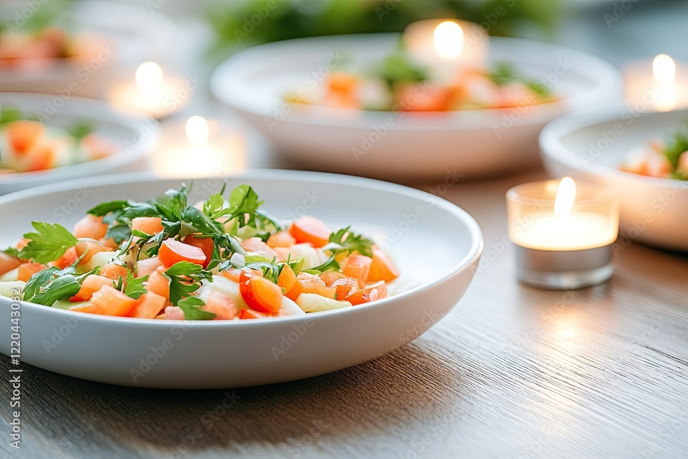 Fresh salad garnished with herbs, surrounded by soft candlelight Fresh salad garnished with herbs, surrounded by soft candlelight