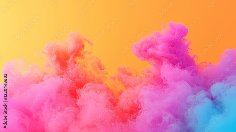 Fototapeta premium A vibrant blend of pink and blue smoke creates a dreamy atmosphere against a warm orange background, evoking creativity and energy.