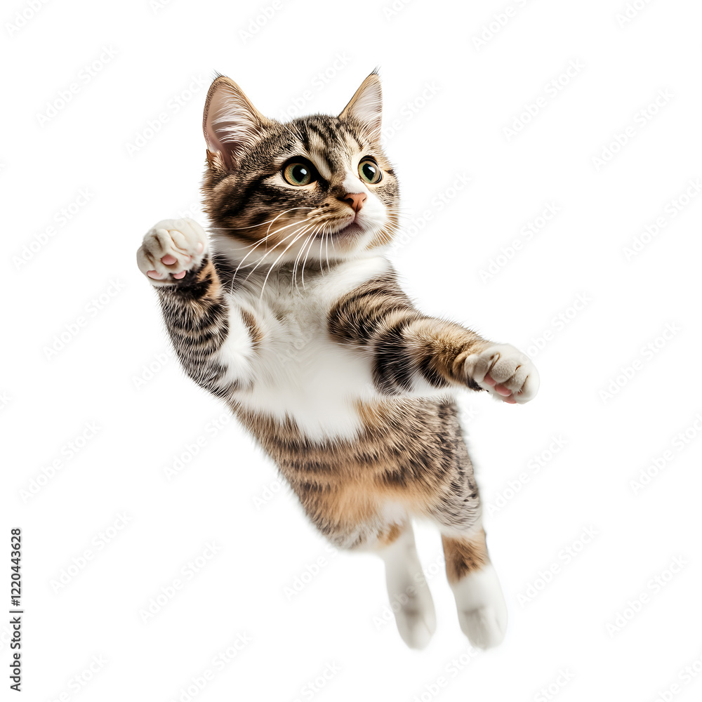 Obraz premium the American shorthair tabby breed cat jumping. white background
