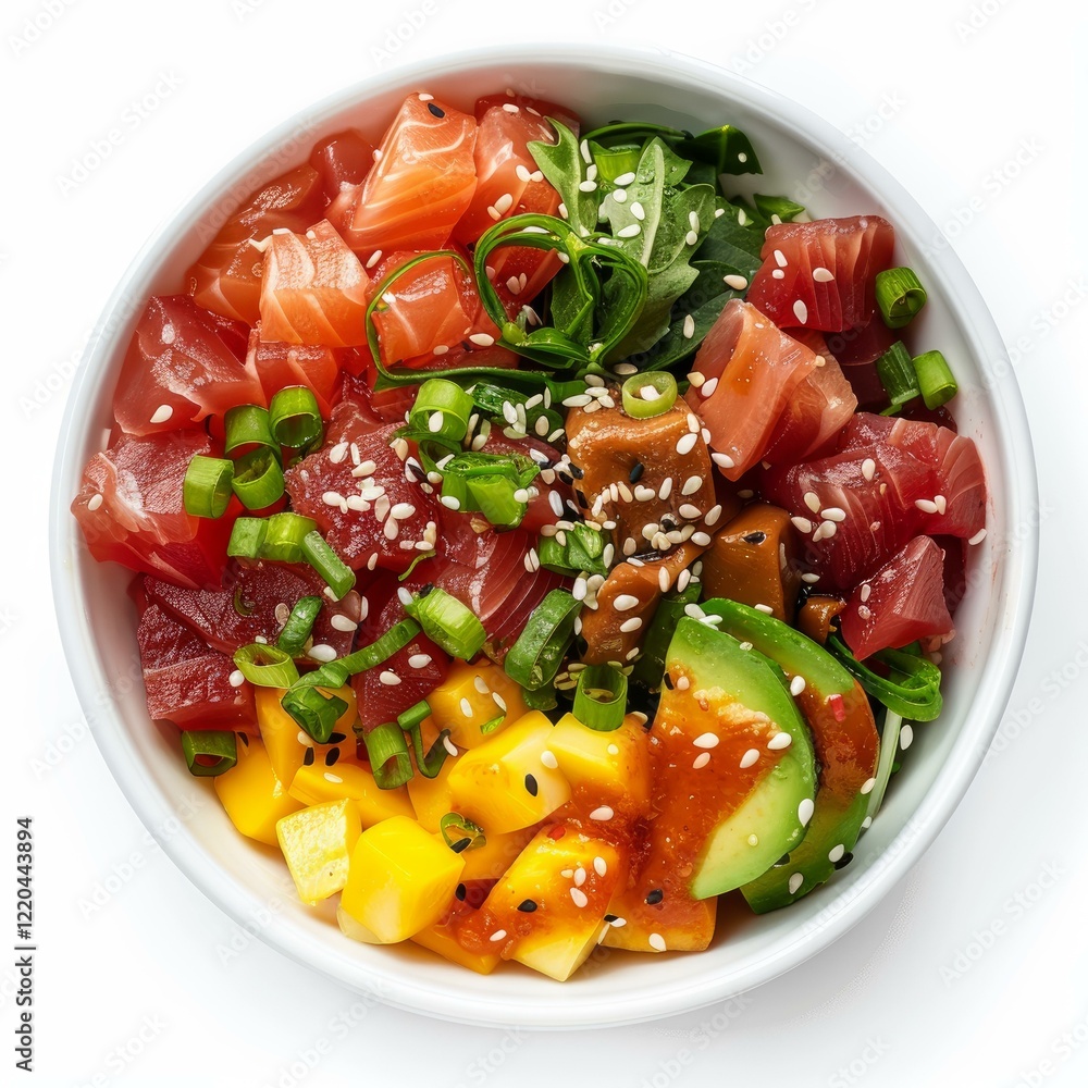Fresh poke bowl with rice, salmon, tuna, mango, avocado and greens dressed with a spicy sauce Fresh poke bowl with rice, salmon, tuna, mango, avocado and greens dressed with a spicy sauce