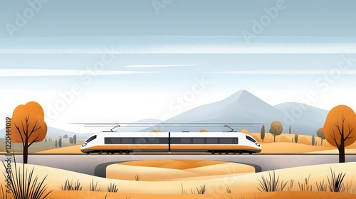 Modern High-Speed Train Traveling Through Scenic Autumn Landscape in Minimalistic Style