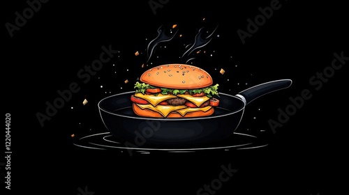 Wallpaper Mural Captivating Hand-Drawn Burger in a Frying Pan with Steam and Flavors Emanating from It Torontodigital.ca