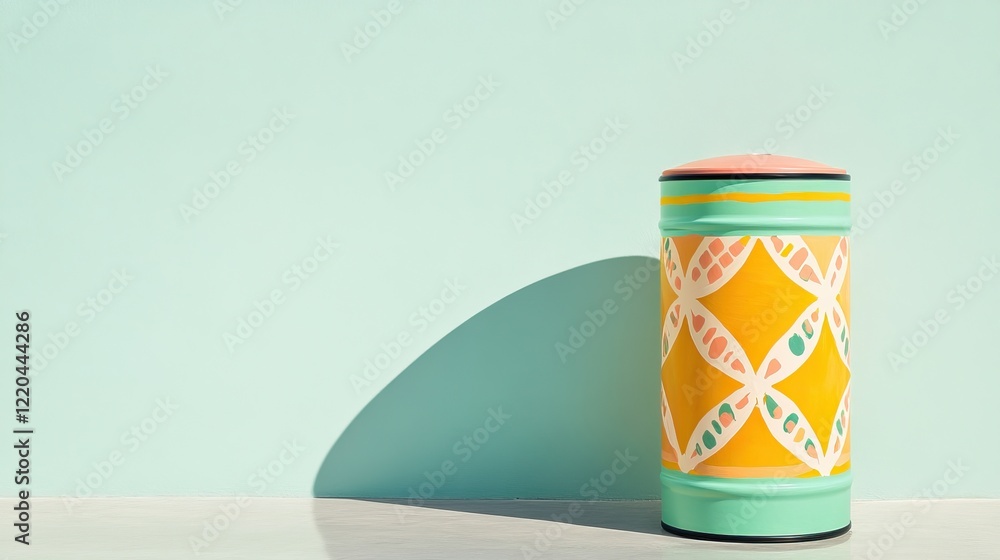 Colorful container features intricate patterns against soft past Colorful container features intricate patterns against soft past
