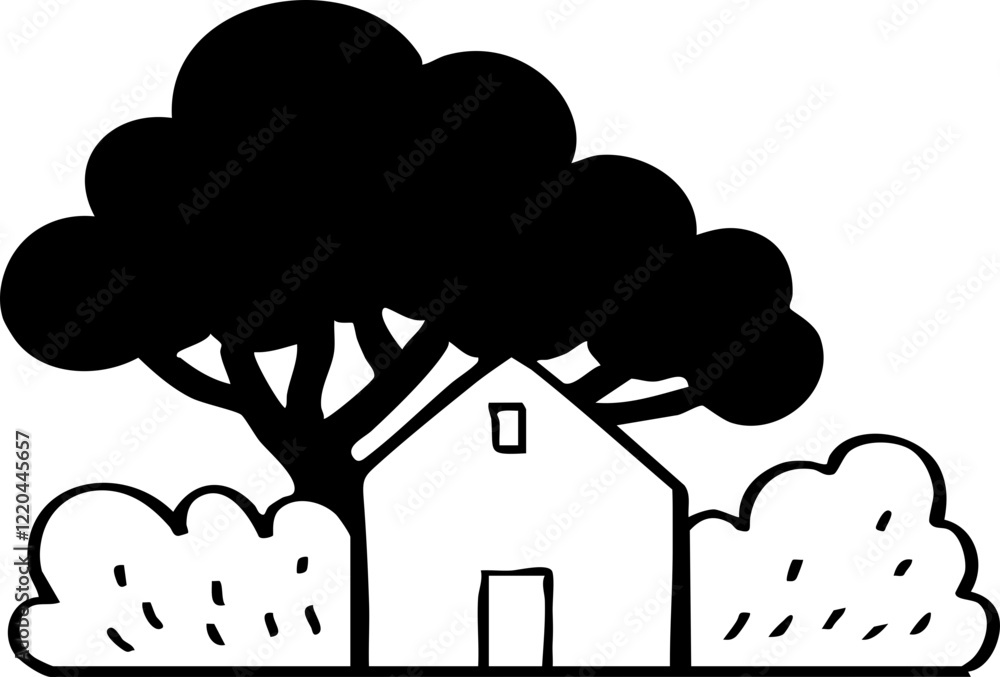 hand drawn cartoon of house with garden illustration.