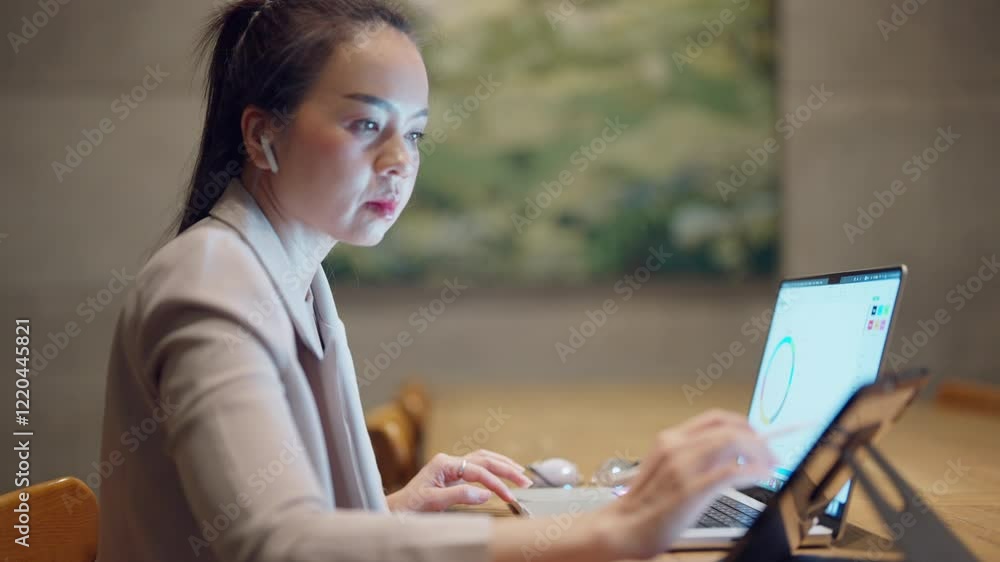 A woman is sitting at a table with a laptop and a tablet. She is typing on the laptop and listening to music on her earbuds. Concept of productivity and focus as the woman works on her tasks A woman is sitting at a table with a laptop and a tablet. She is typing on the laptop and listening to music on her earbuds. Concept of productivity and focus as the woman works on her tasks