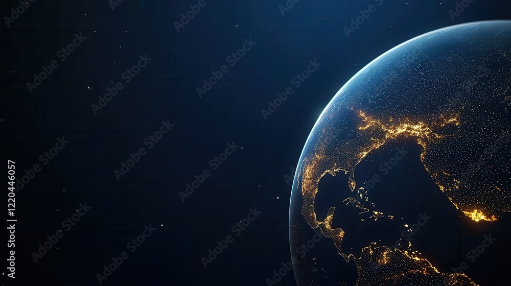 Fototapeta premium clean energy solar solutions concept. View of Earth illuminated by city lights against a dark space backdrop.