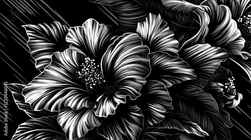 Wallpaper Mural Monochrome hibiscus flowers, dark background, artistic design, elegant floral print Torontodigital.ca