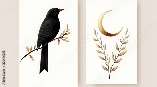 Elegant Black Bird Perched on Branch with Gold Crescent Moon and Foliage Design Elements