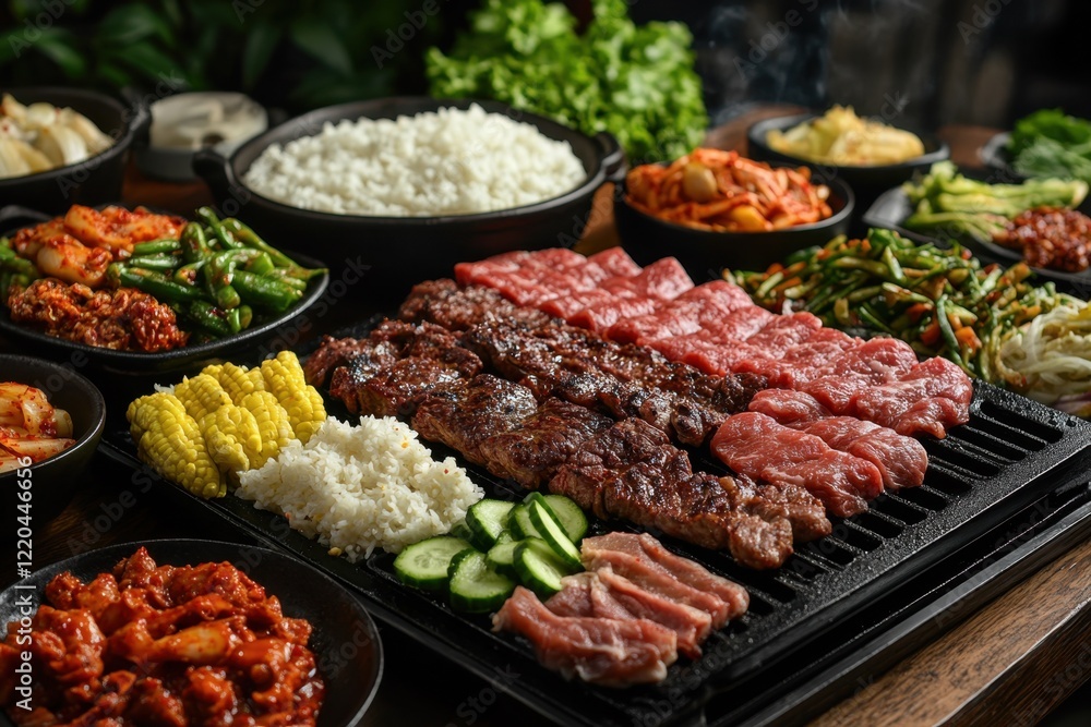 A vibrant spread of grilled meats, rice, and assorted vegetables arranged on a wooden table, showcasing a feast of textures and colors. A vibrant spread of grilled meats, rice, and assorted vegetables arranged on a wooden table, showcasing a feast of textures and colors.