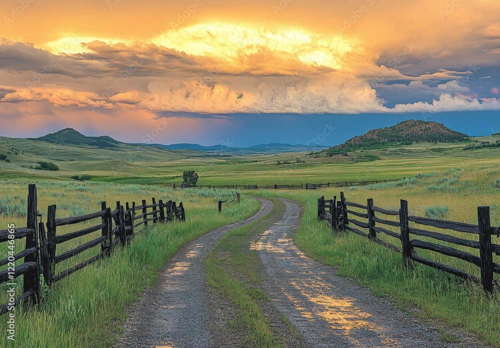 Serene Landscape with Dramatic Sky and Winding Dirt Road Surrounded by Lush Greenery and Rustic Fencing During Golden Hour Serene Landscape with Dramatic Sky and Winding Dirt Road Surrounded by Lush Greenery and Rustic Fencing During Golden Hour