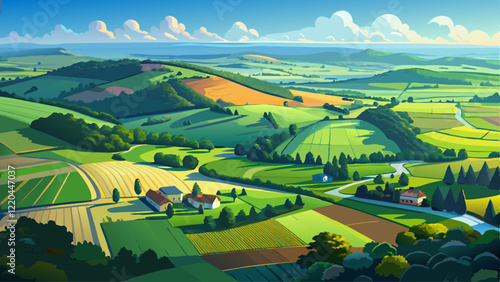 Aerial view of endless lush pastures and farmlands of England. Beautiful English countryside with emerald green fields and meadows.