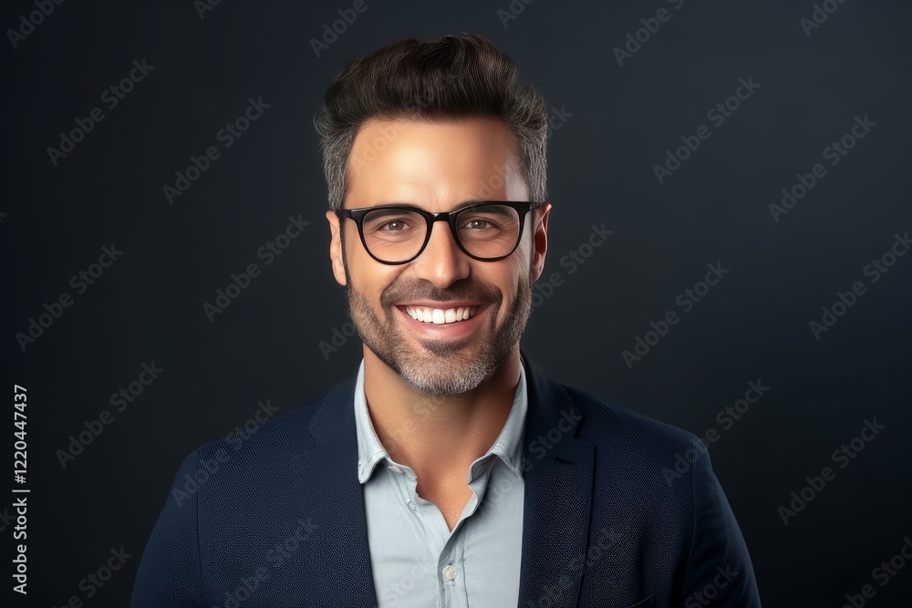 Studio portrait of a smiling businessman wearing eyeglasses and posing on a dark background Studio portrait of a smiling businessman wearing eyeglasses and posing on a dark background
