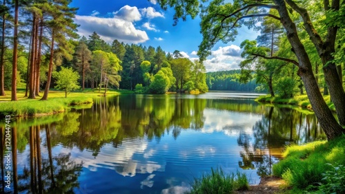 serene landscape with a peaceful lake surrounded by lush greenery and tall trees, serene, landscape,  serene, landscape,outdoors