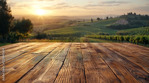 Rustic Wooden Table Sunset Vineyard Landscape