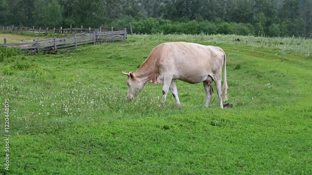 Light brown cow grazing on lush green grass in a tranquil pasture, surrounded by a serene rural landscape Light brown cow grazing on lush green grass in a tranquil pasture, surrounded by a serene rural landscape