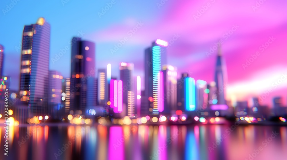 Fototapeta premium Dreamy Cityscape at Twilight with Colorful Lights and Reflections