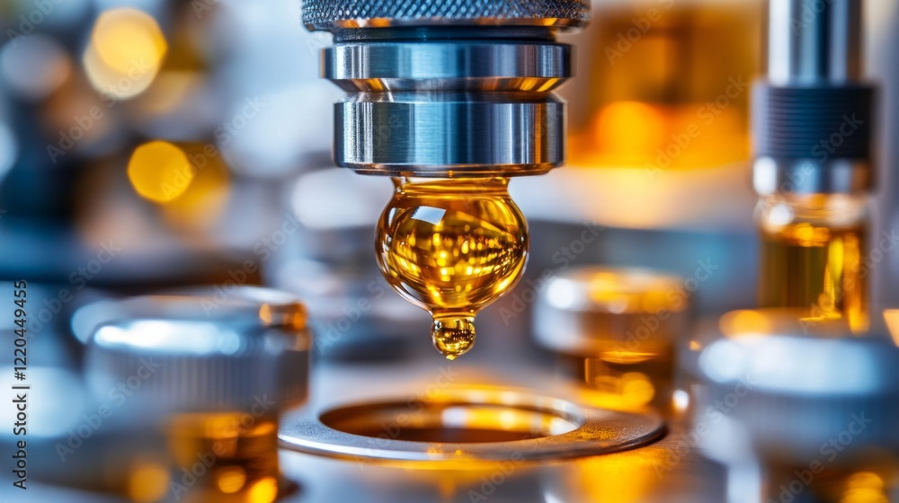 Laboratory pipette carefully dispensing golden liquid, highlighting pharmaceutical research precision and scientific methodology in sterile research environment
