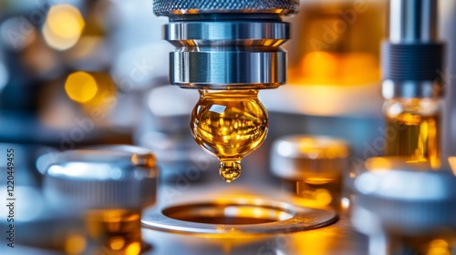 Laboratory pipette carefully dispensing golden liquid, highlighting pharmaceutical research precision and scientific methodology in sterile research environment